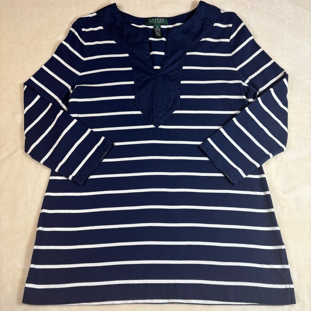 Ralph Lauren Womens Nay and White Striped V Neck 3/4 Sleeve Top Size PL